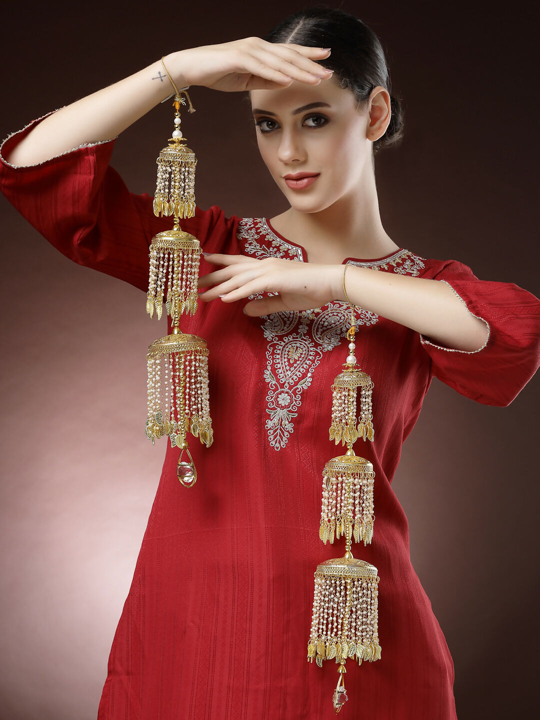 NVR Women's Pack Of 2 Gold-Polished & White Pearl Beaded Bridal Layered Heavy Kaleera Sets - Swadesiicart