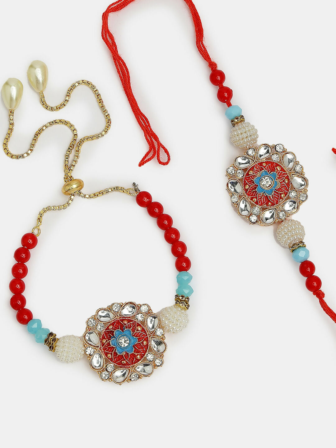 NVR Women & Men Set of 2 Red-colored Stone-Studded & Beaded Bhaiya Bhabhi Rakhi With Roli Chawal | Swadesiicart