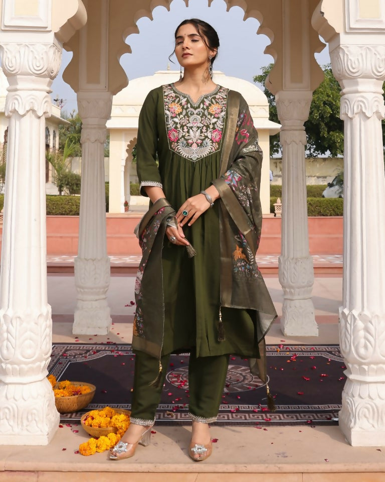Jyoti Fashion Women's Mehendi Cotton Silk Hand Work with Floral Printed Kurta Set | Swadesiicart