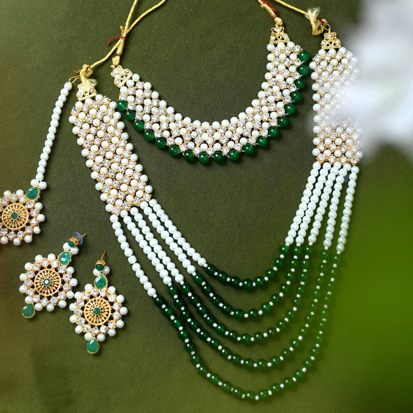 Mominos Fashion Johar Kamal Gold-Polished Rani Haar with Cream Green and Off white Pearls Jewellery Set - Mominos Fashion
