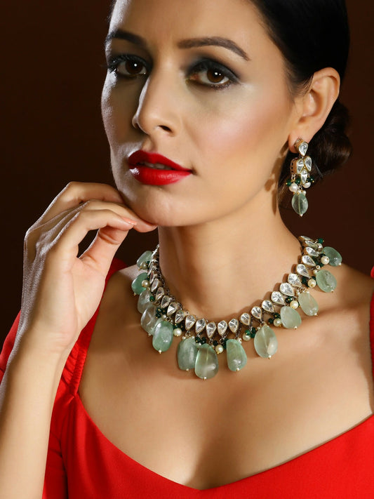 Mint Green Kundan Choker with Earrings- Ruby Raang | Swadesiicart