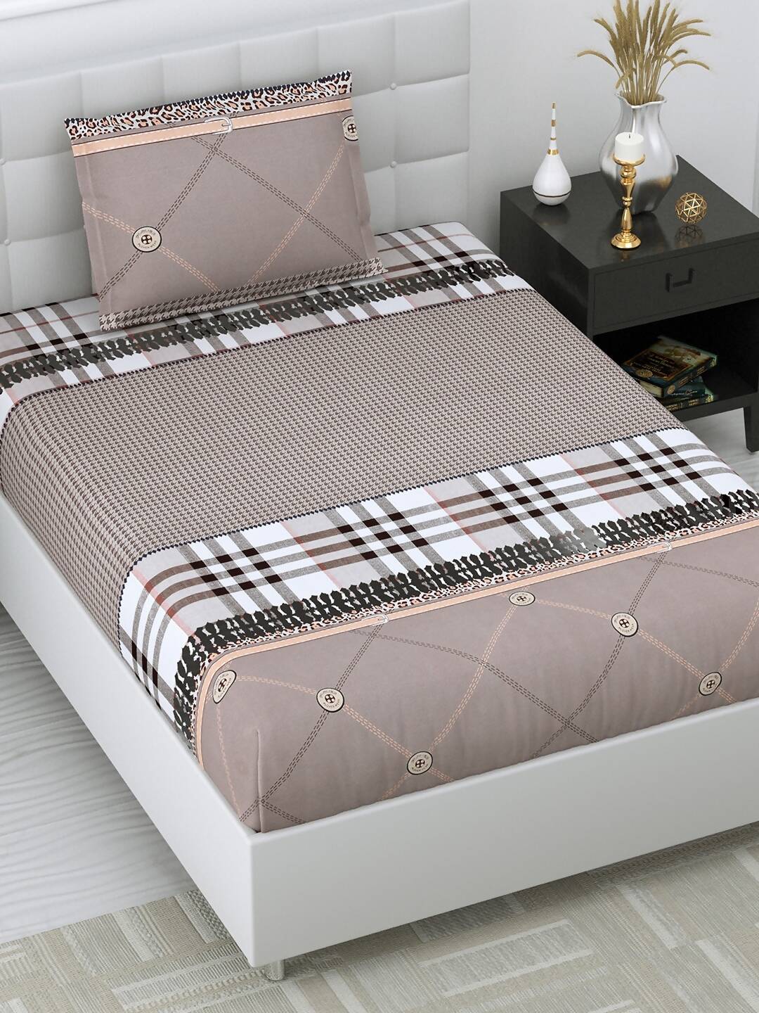 DREAM WEAVERZ Beige Checked 220 TC Glazed Cotton Bedsheet with Pillow Covers - Swadesiicart
