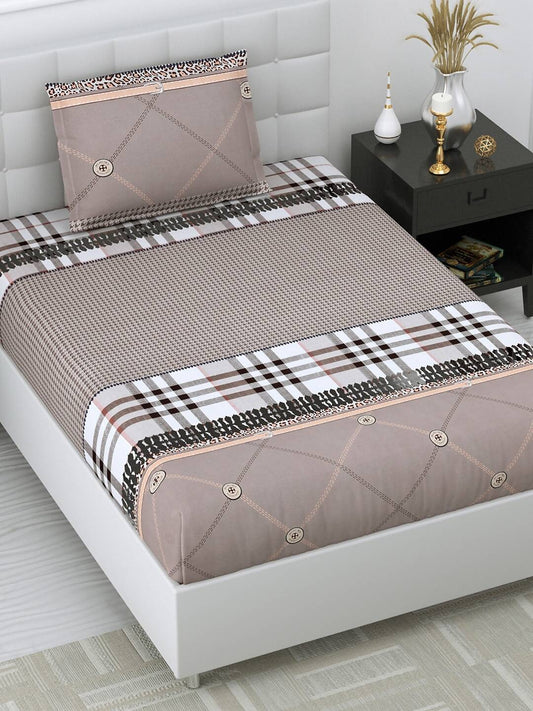 DREAM WEAVERZ Beige Checked 220 TC Glazed Cotton Bedsheet with Pillow Covers - Swadesiicart