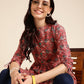 Red Poly Rayon Digital Printed A-line Top - Tarini - Swadesiicart