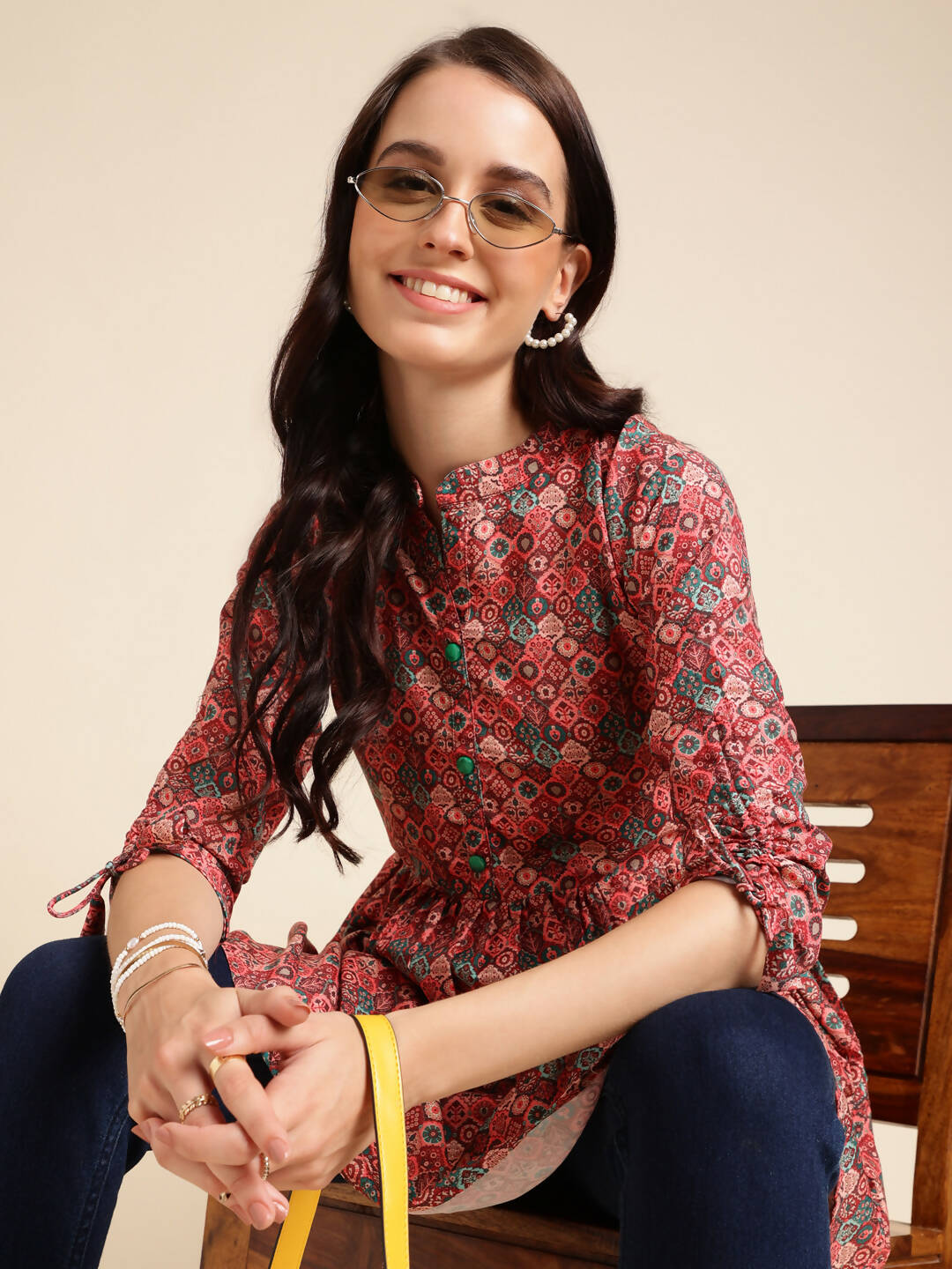 Red Poly Rayon Digital Printed A-line Top - Tarini - Swadesiicart