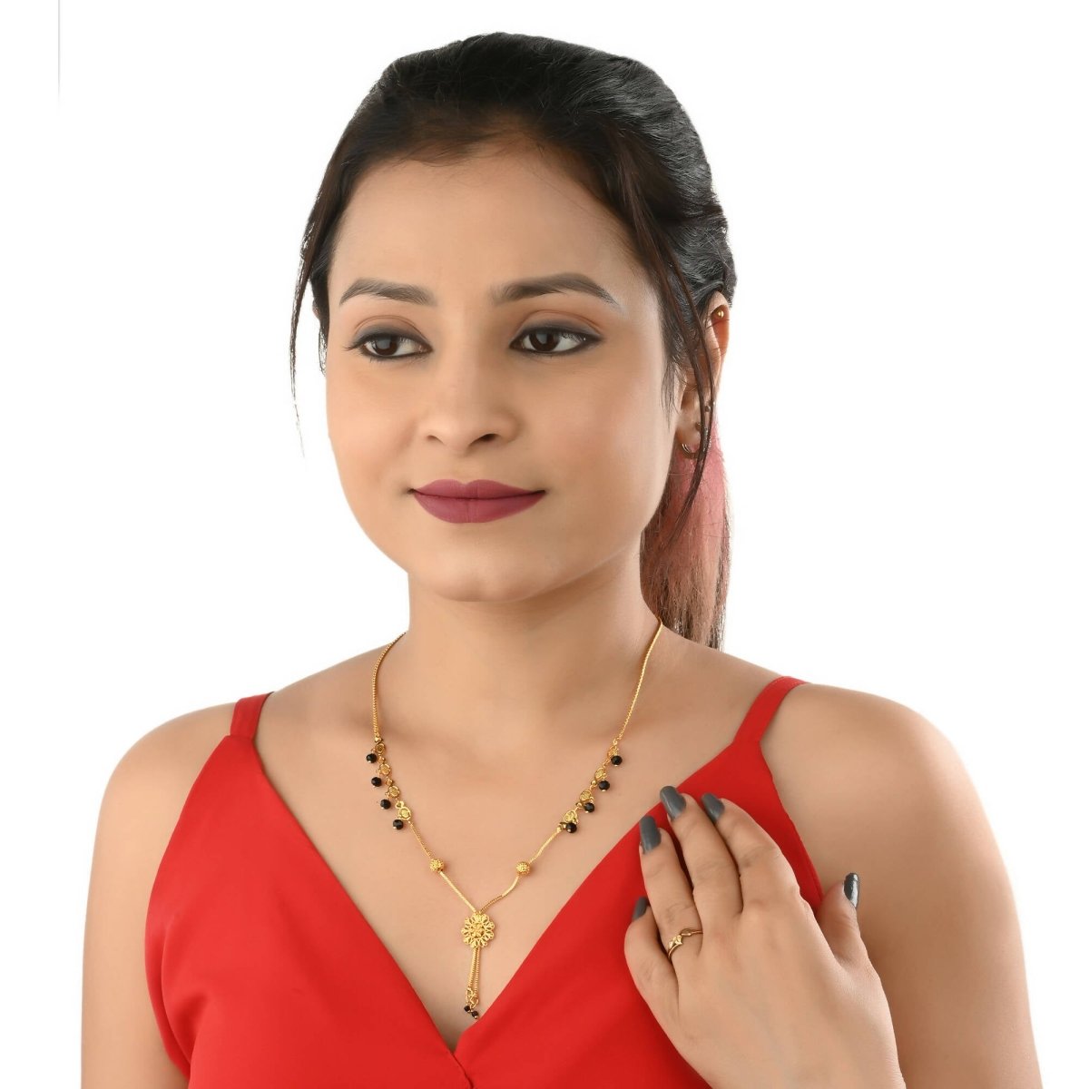 AanyaCentric Gold-Polished Short Mangalsutra Set with Earrings - Swadesiicart