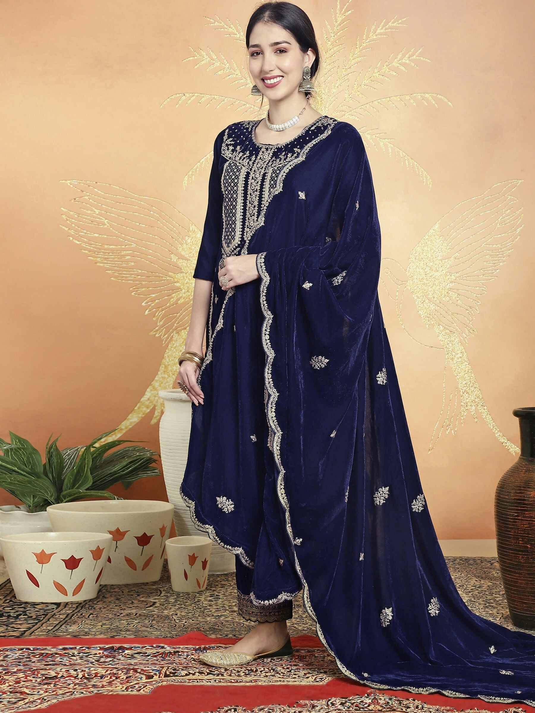 Jyoti Fashion Women's Navy Blue Velvet Cording with Resham Thread & Sequin Kurta with Trouser & Dupatta | Swadesiicart