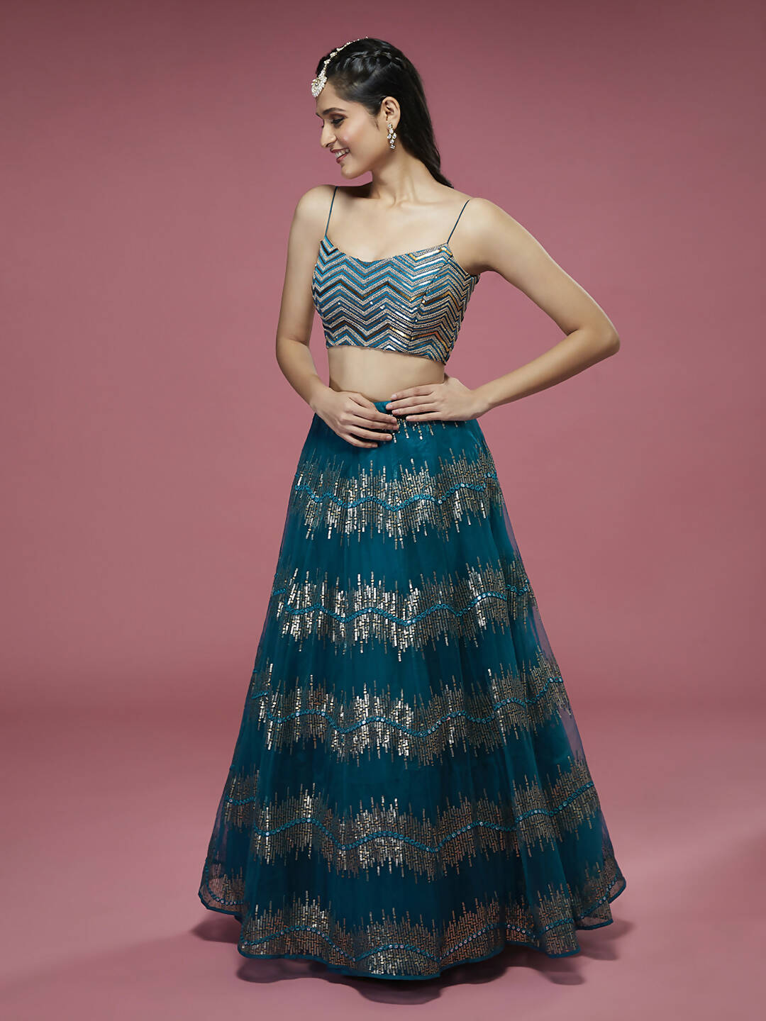 House of Panchhi Teal Net Sequinse Embroidered Lehenga & Blouse with Dupatta | Swadesiicart