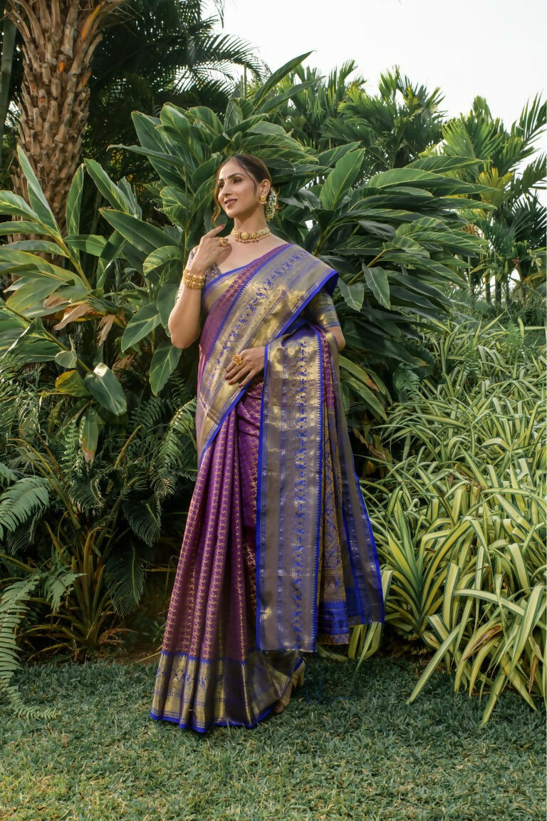 Jyoti Fashion Women's Purple Kanjivaram Silk Zari Woven Saree with Blouse | Swadesiicart