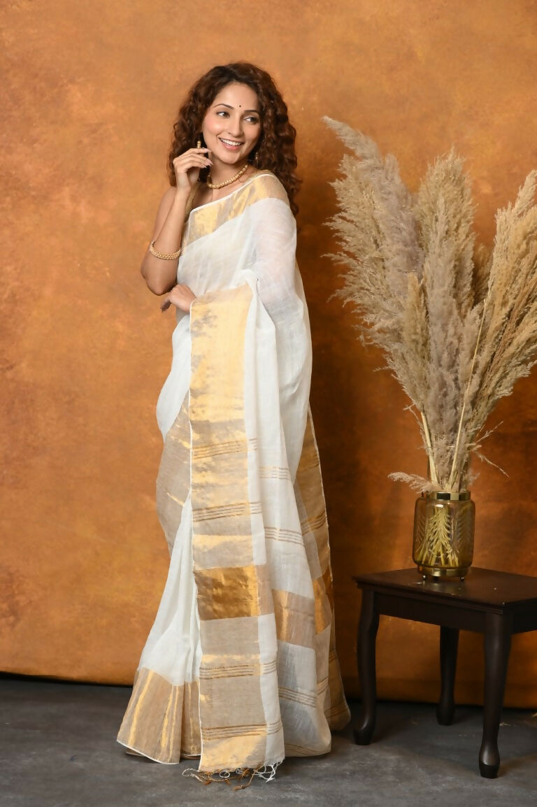 Very Much Indian Handloom Pure Cotton Linen Saree With Golden Border - White | Swadesiicart
