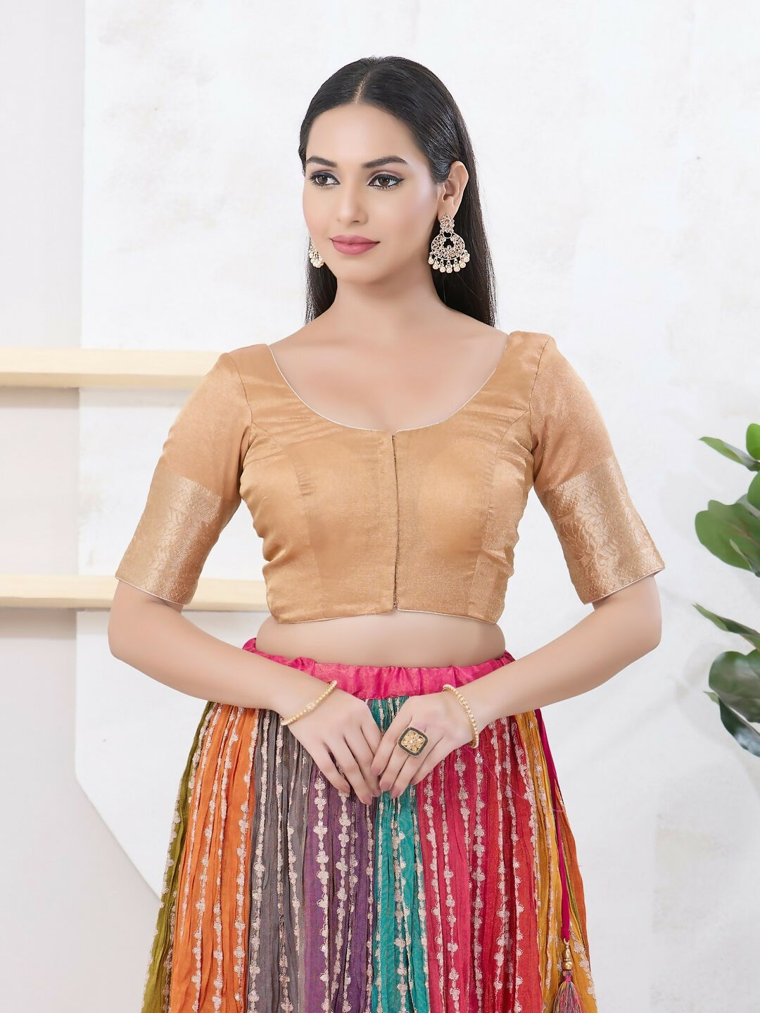 Joban Fashion Gold Brocade Elbow Sleeveless Front Open Blouse - Swadesiicart