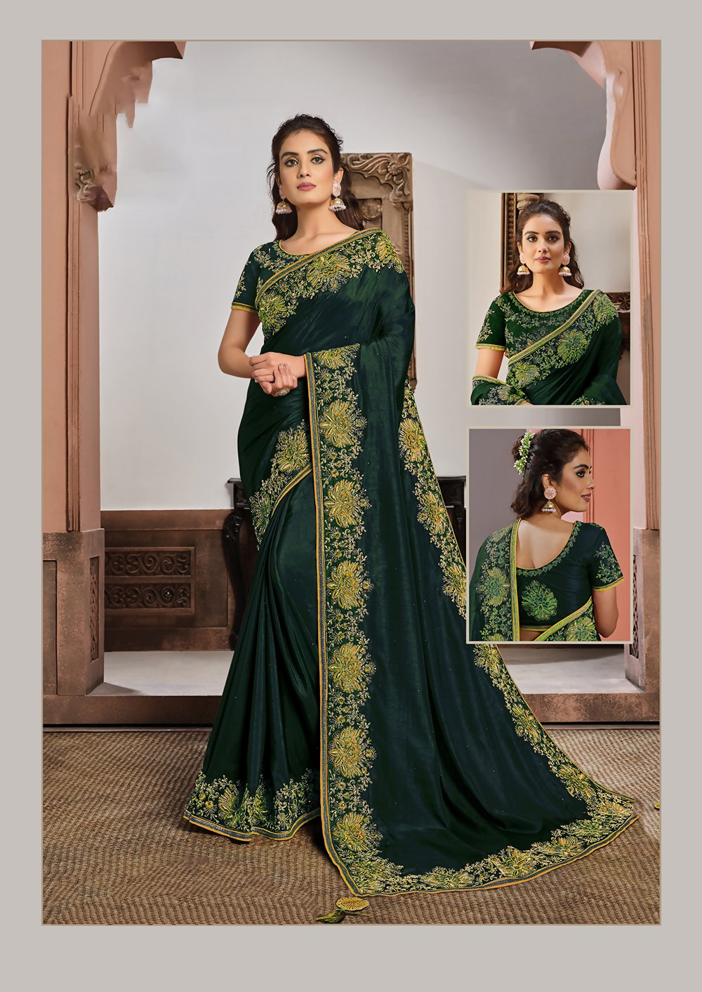 Green Silk Georgettesilk Thread And Cord Embroidery. Tassels Saree - Norita Hit - Swadesiicart