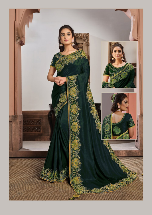 Green Silk Georgettesilk Thread And Cord Embroidery. Tassels Saree - Norita Hit - Swadesiicart
