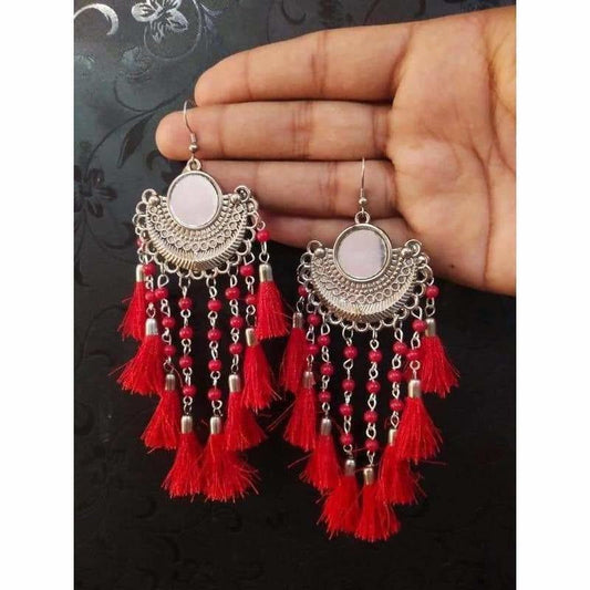 MS Fashion India Half Moon Maroon Silk Threads With Pearl Chain Chandbali Earrings | Swadesiicart