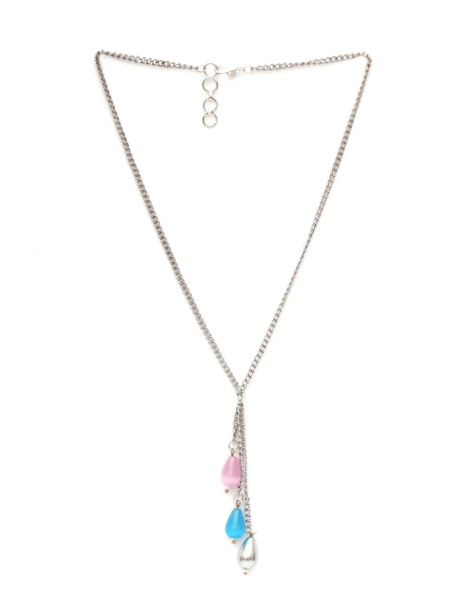Long Silver Neckpiece with Multi Stones (silver) - Ruby Raang | Swadesiicart
