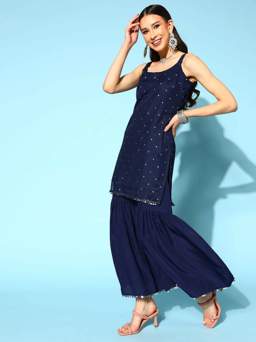 Ahalyaa Women Navy Blue Colour Crepe Foil Printed Kurta Sharara Set With Dupatta - Swadesiicart