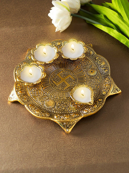 Golden Peacock Gold Toned Metallic Pooja Thali | Swadesiicart