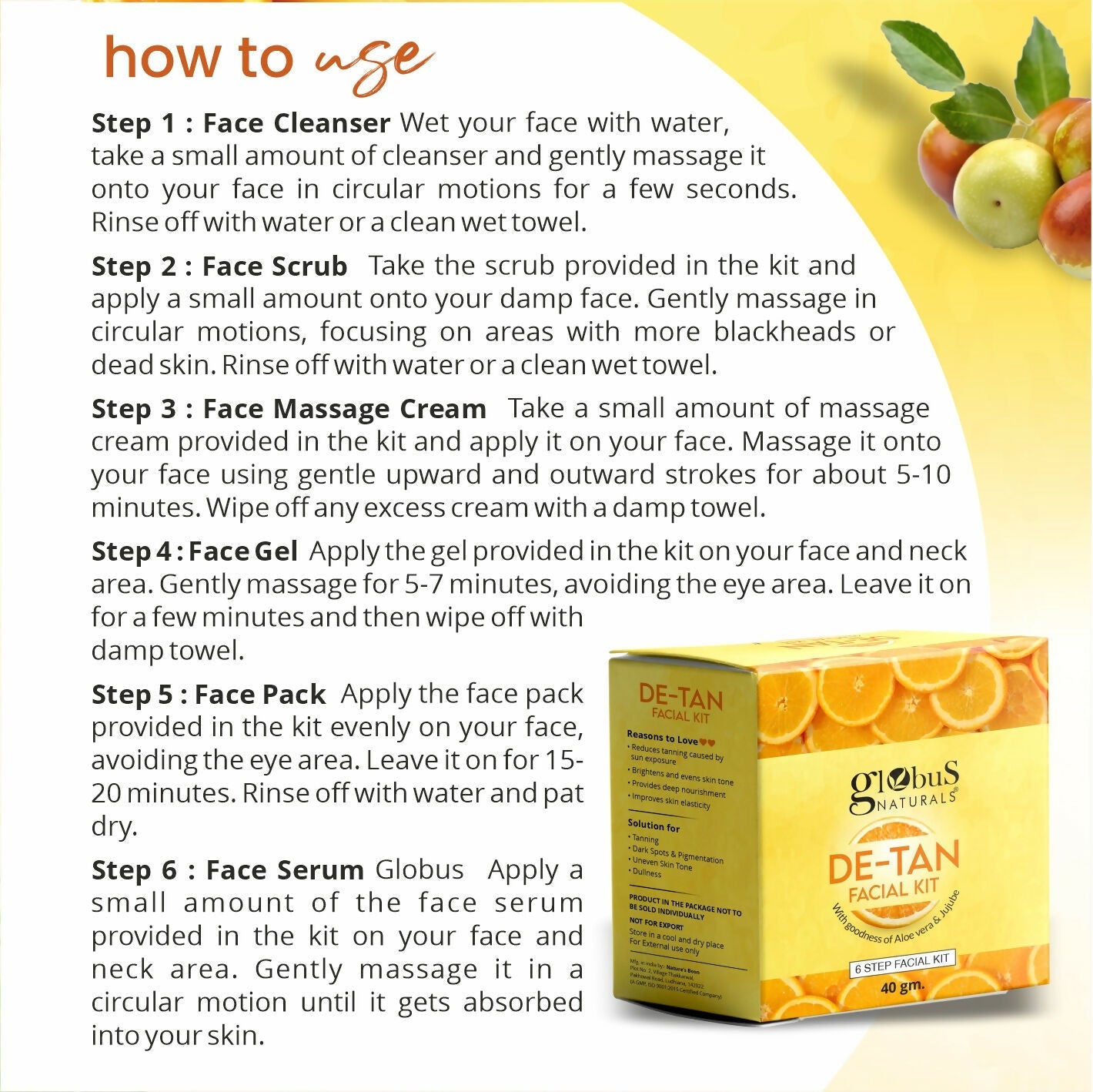 Globus Naturals De-Tan 6 Step Facial Kit | Swadesiicart