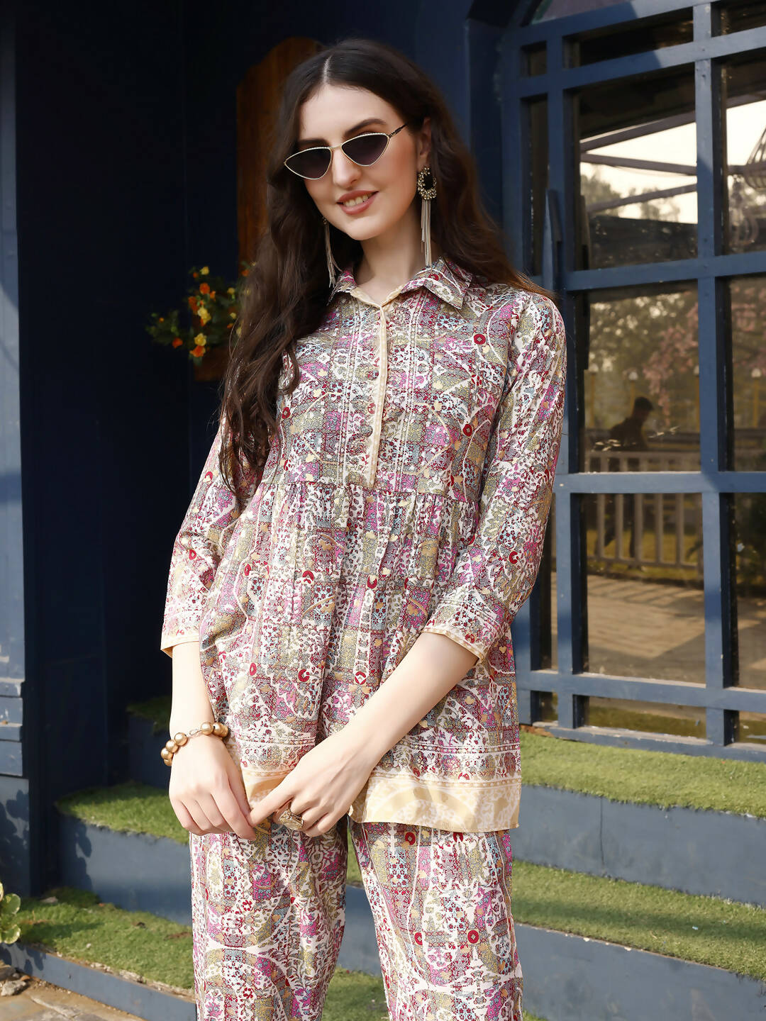 Pink & Beige Rayon Floral Printed Top with Matching Bottom - Eesha - Swadesiicart