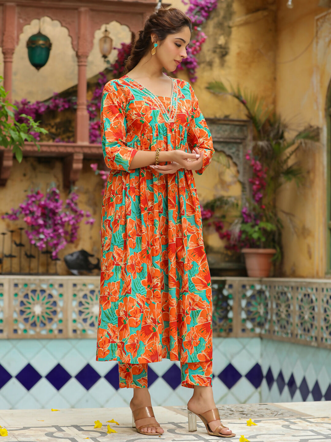 Janasya Orange Cotton Floral Kurta & Bottom | Swadesiicart