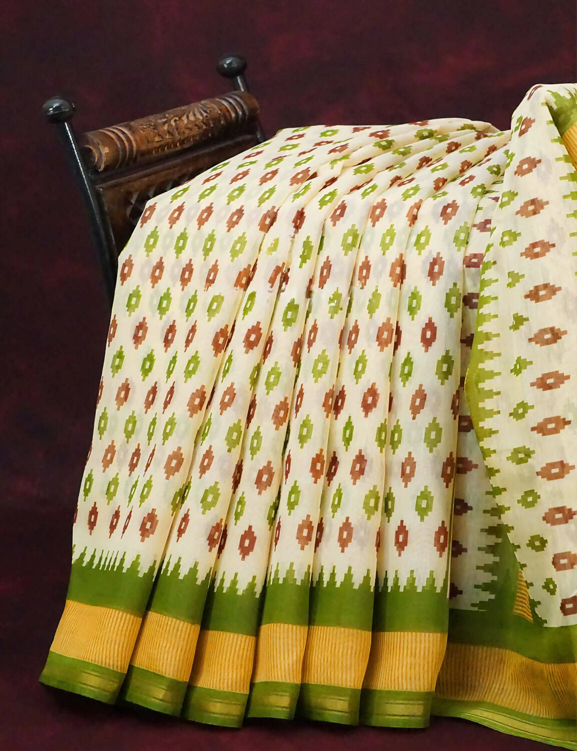 Combo of White and Green Patan Patola Semi Chanderi Saree By Gayathri Reddy Designer Studio | Swadesiicart