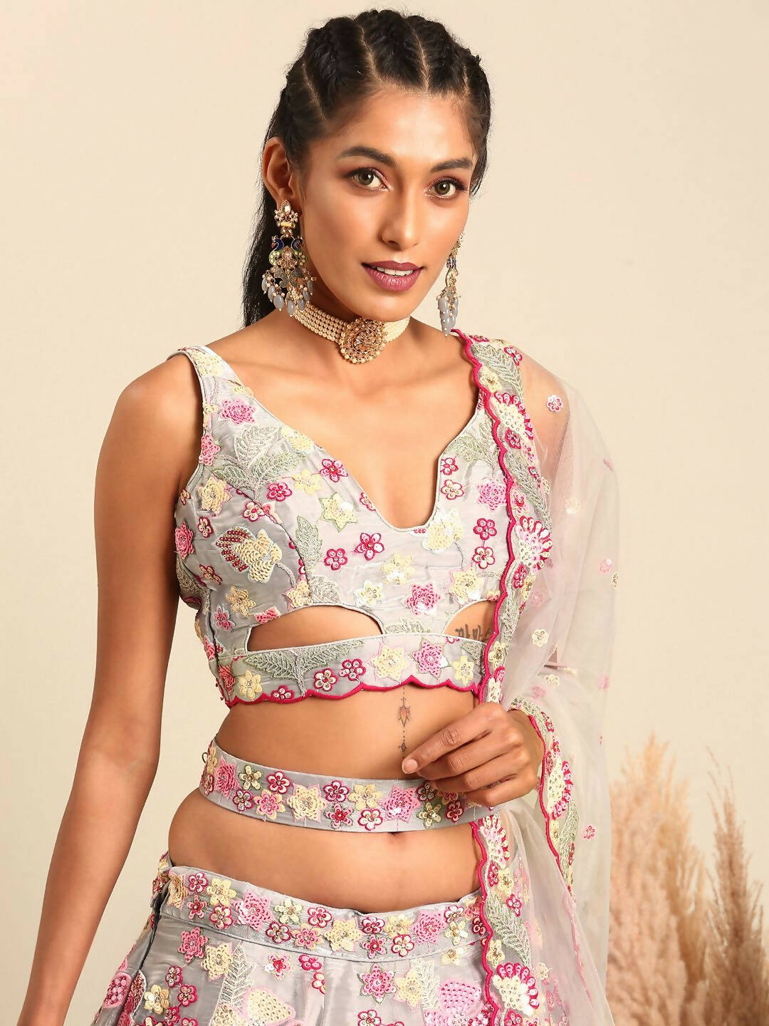 House of Panchhi Grey Organza Sequins and Zarkan embroidery Lehenga choli & Dupatta | Swadesiicart