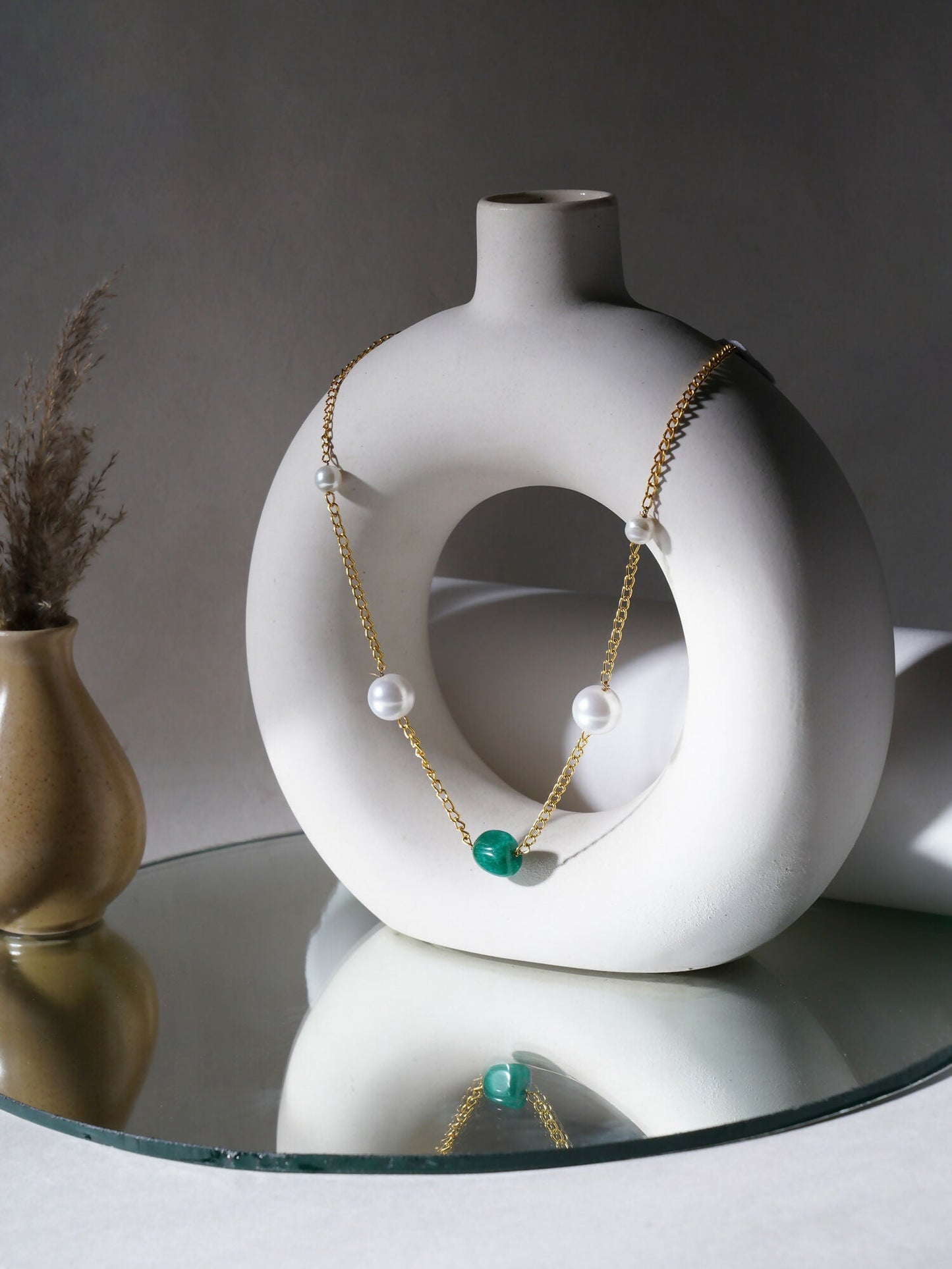 Layered Pearl and Emerald Neckpiece (gold) - Ruby Raang | Swadesiicart