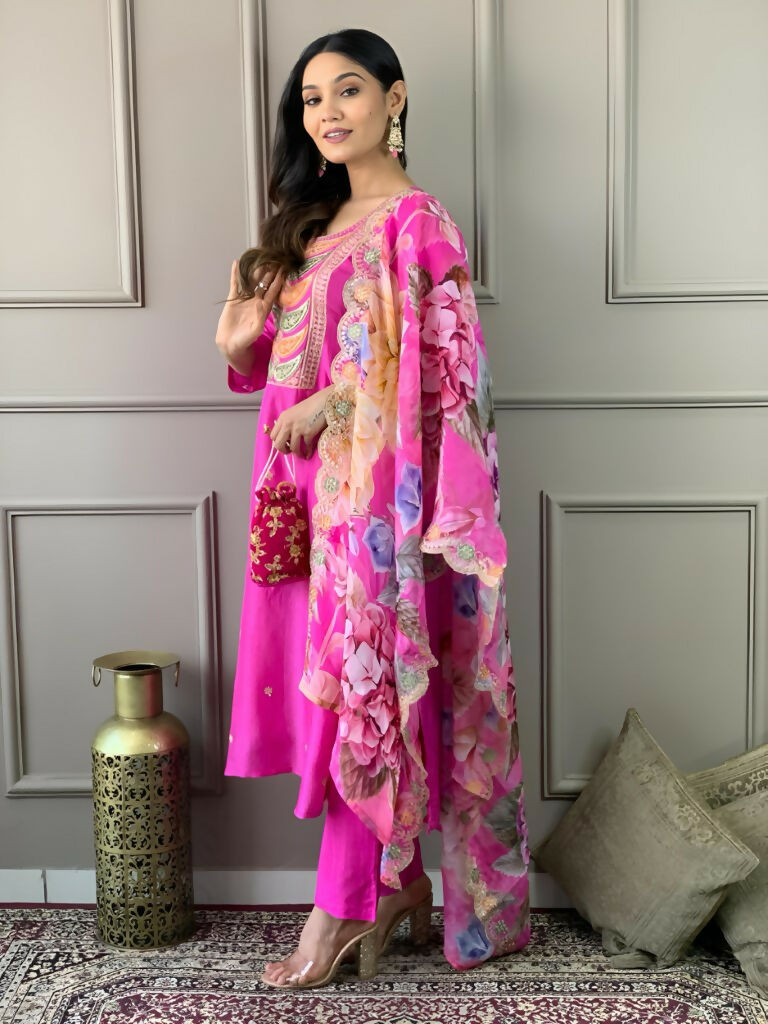 Partywear Designer Viscose Chanderi Pink Stitched Suit With Dupatta - Tanisha | Swadesiicart