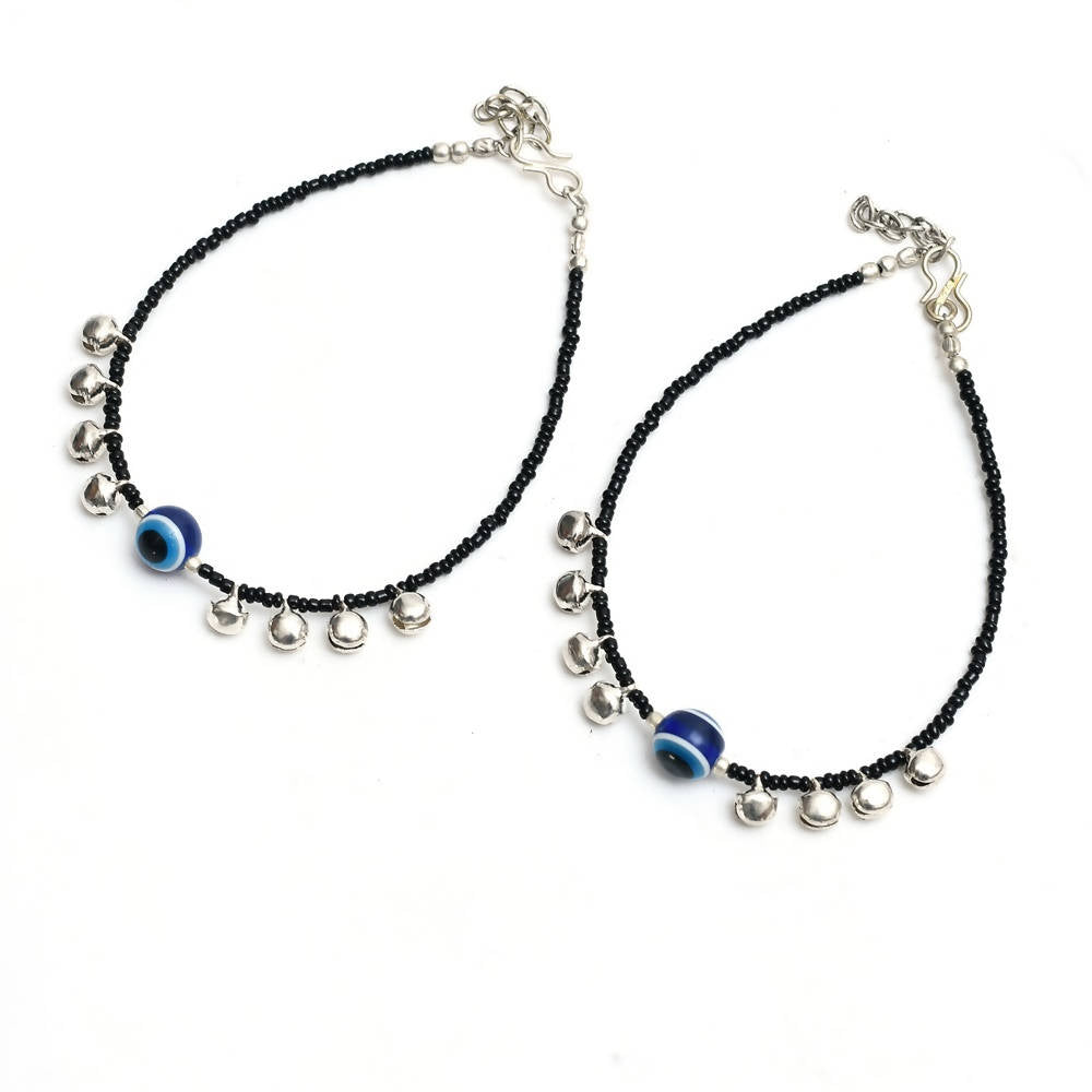 Mominos Fashion Kamal Johar Nazariya Silver/Black Anklets | Swadesiicart