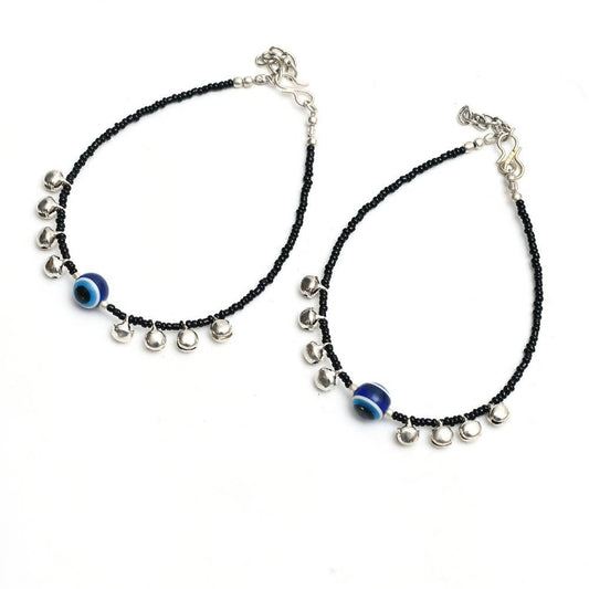 Mominos Fashion Kamal Johar Nazariya Silver/Black Anklets | Swadesiicart