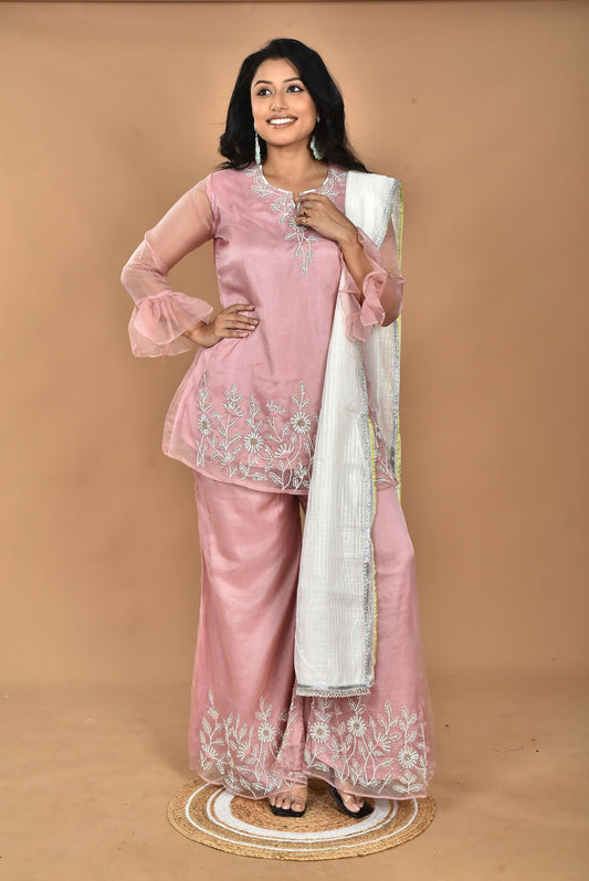 Morchari Women And Hand Embroidery Palazzo Set-Peach - Swadesiicart