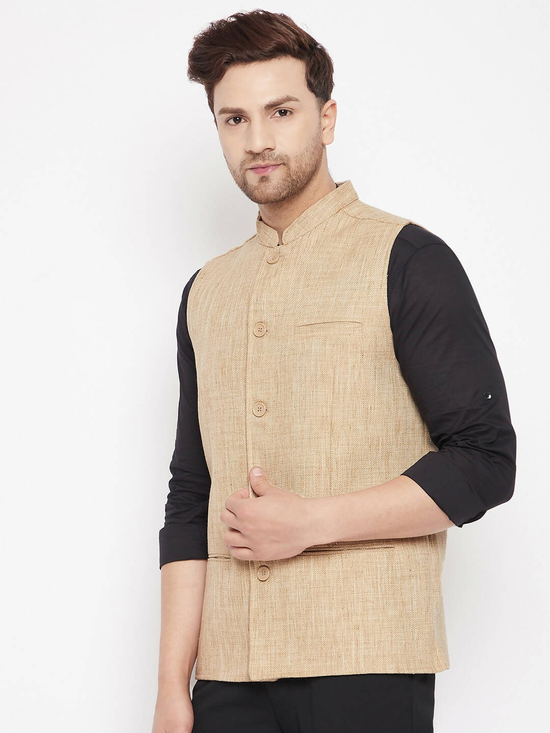 Even Apparels Beige Linen Men Woven Nehru Jacket LN719 | Swadesiicart
