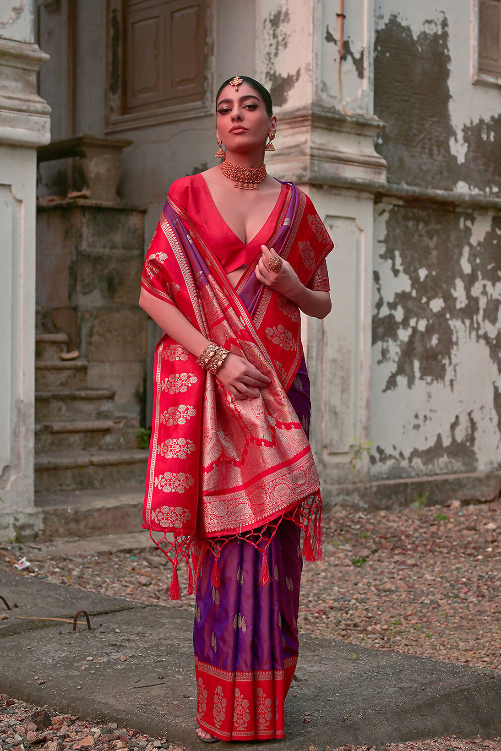 Vishnu Weaves Women's Wine Kanchi Silk Woven Saree with Blouse - Swadesiicart