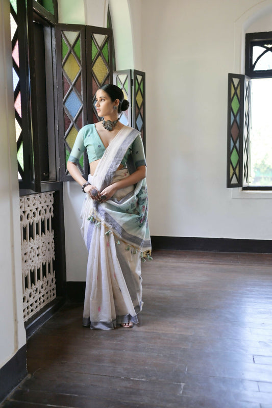 Vishnu Weaves Women's Navy-Blue Muga Cotton Saree with Blouse - Swadesiicart