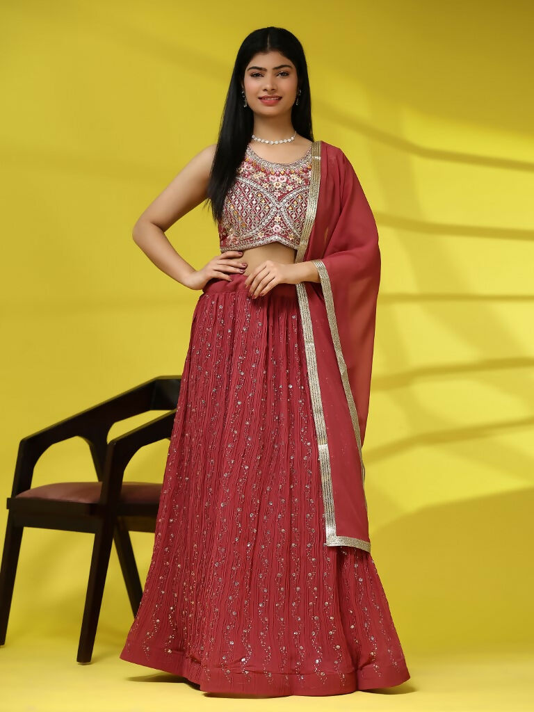 Red Georgette Embroidered Lehenga choli with Dupatta - Dhara | Swadesiicart