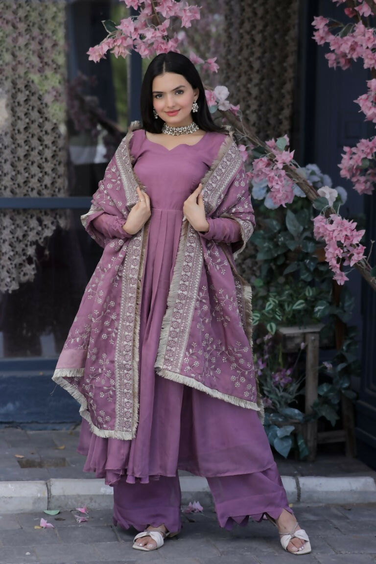 Jyoti Fashion Women's Onion Tabby Silk Designer Kurta with Trouser & Dupatta | Swadesiicart