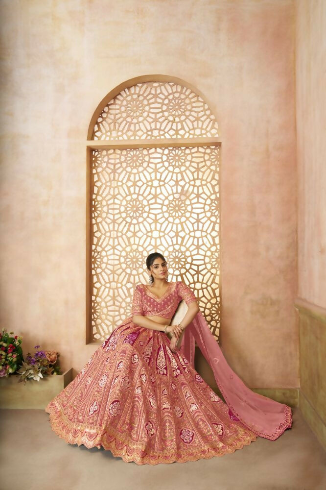 Kesar Fab Pink Banarasi Silk Embroidered Lehenga | Swadesiicart