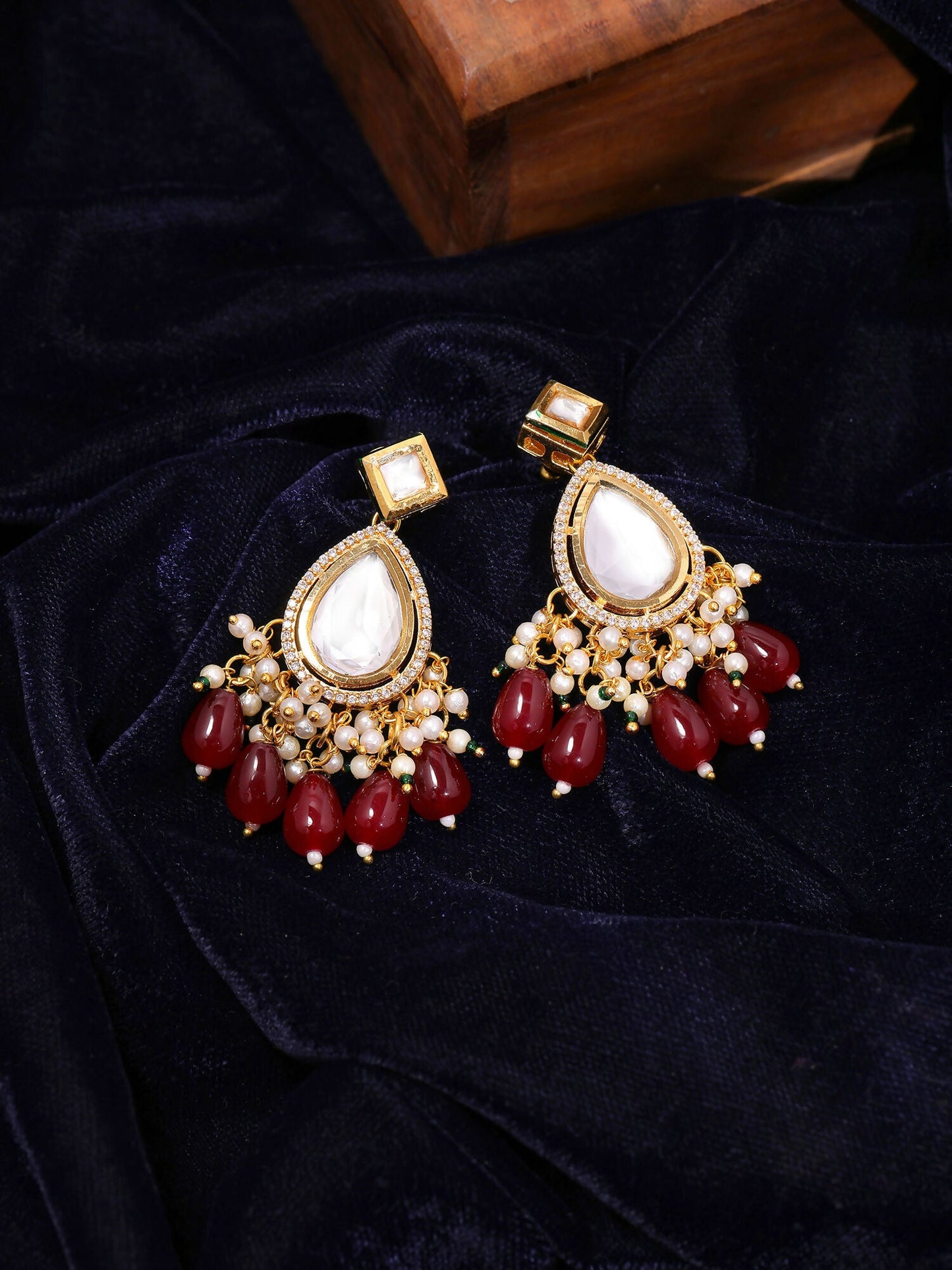 Ruby Raang Gold Polished Kundan Earrings With Maroon Stones | Swadesiicart