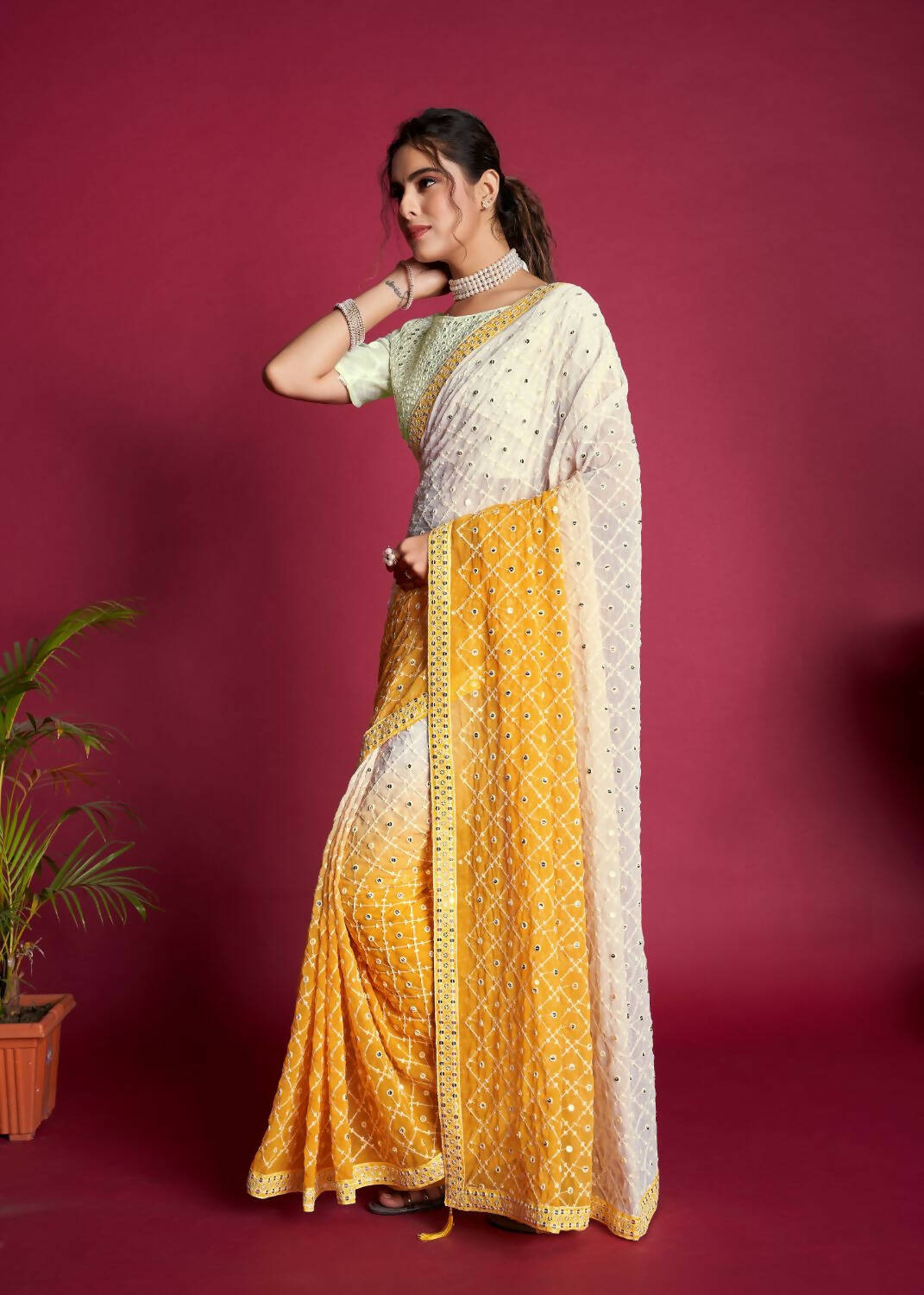 Vamsee Yellow & White Georgette Designer Saree - Swadesiicart