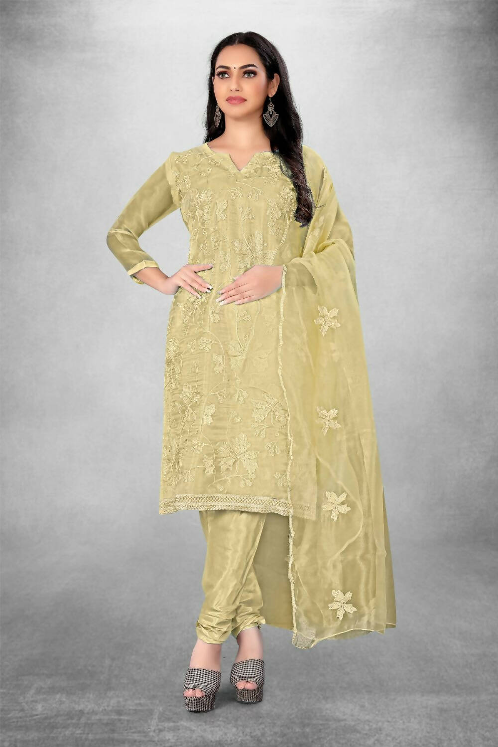 Beige Heavy Organza Silk Embroidered Unstitched Dress Material - Amara