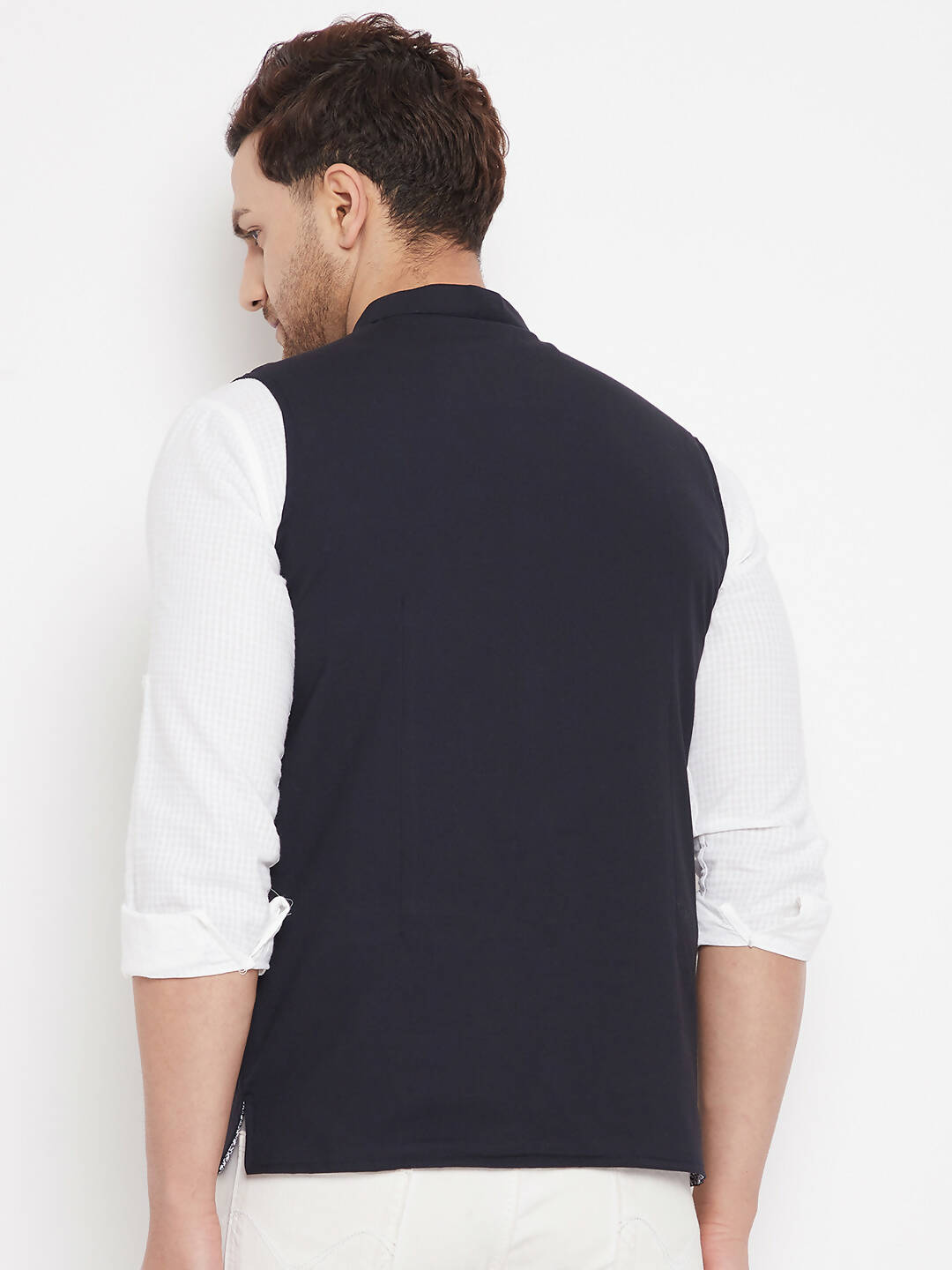 Even Apparels Navy Merino Men's Nehru Jacket-Contrast Lining-Inbuilt Pocket Square | Swadesiicart