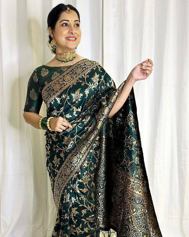 DEIANA'S Beautiful Designer Golden zari Soft Lichi Silk Saree - Teal - Swadesiicart