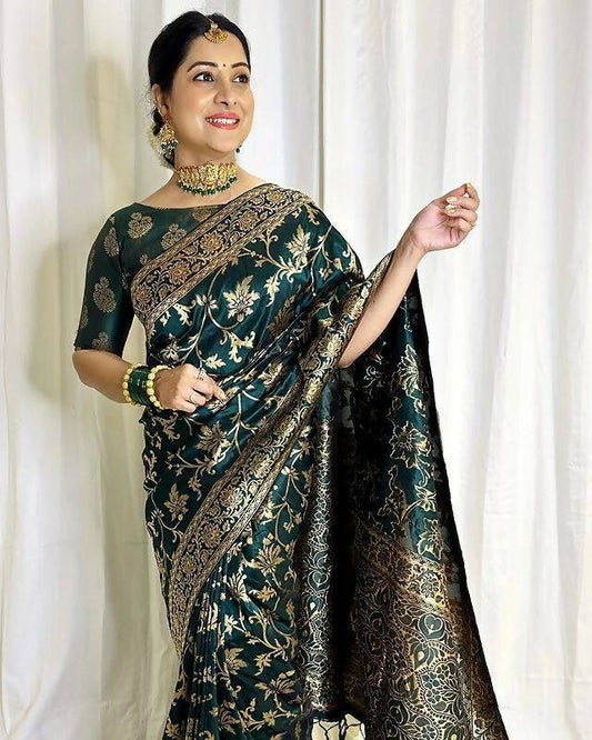 DEIANA'S Beautiful Designer Golden zari Soft Lichi Silk Saree - Teal - Swadesiicart