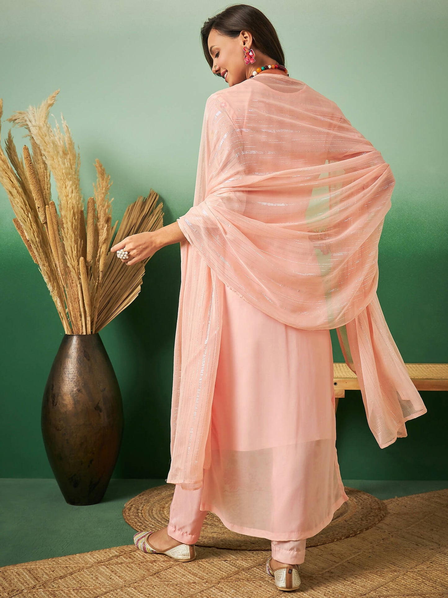 Peach Georgette Handwork Unstitched Dress Material - Hanika | Swadesiicart