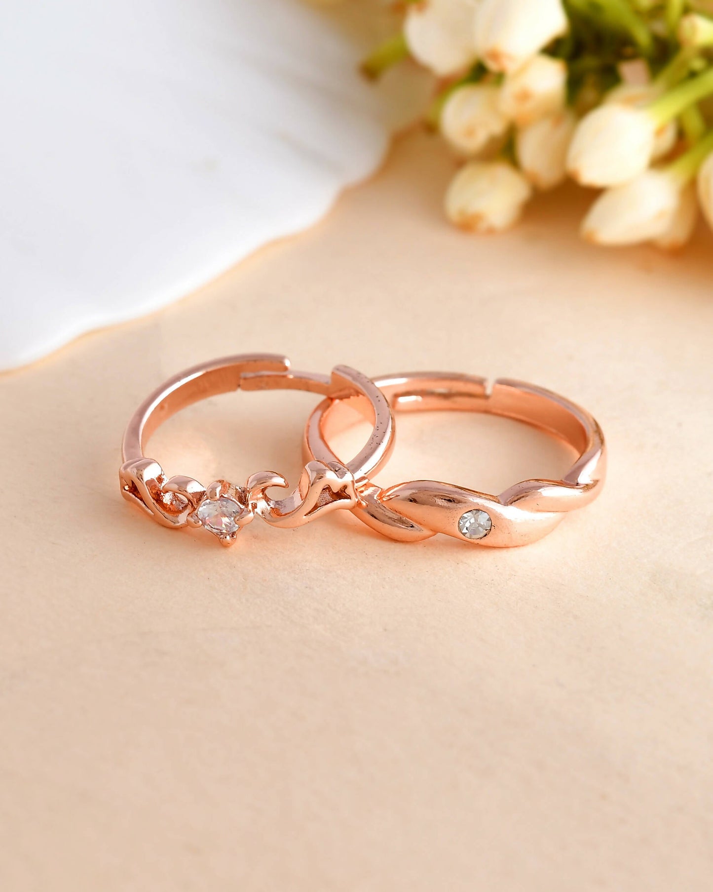 VOJ Stainless Steel Cubic Zirconia Gold-Polished Ring Set | Swadesiicart