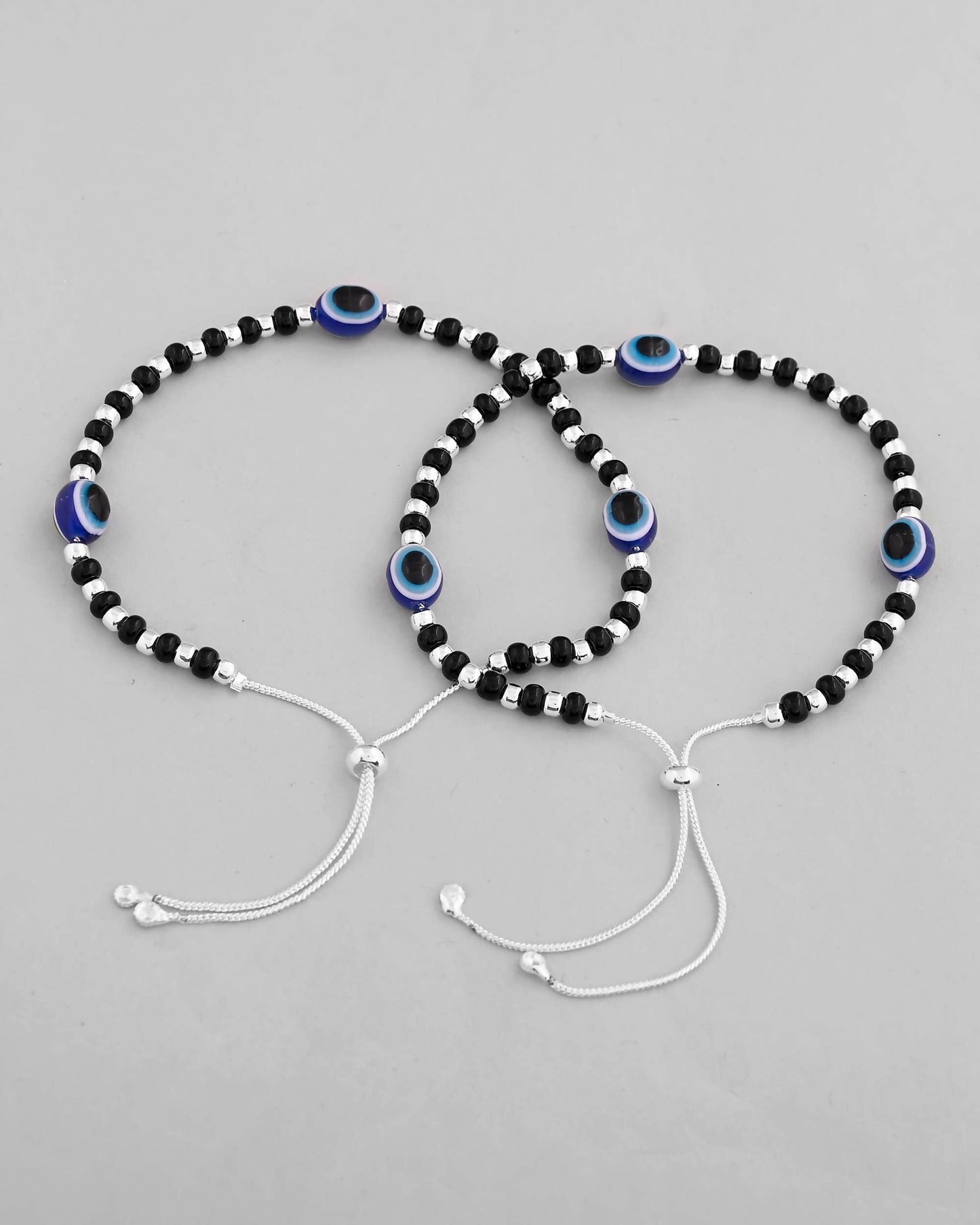 VOJ Set of 2 Silver Plated Evil Eye With Black And Silver Beads Anklet - Swadesiicart