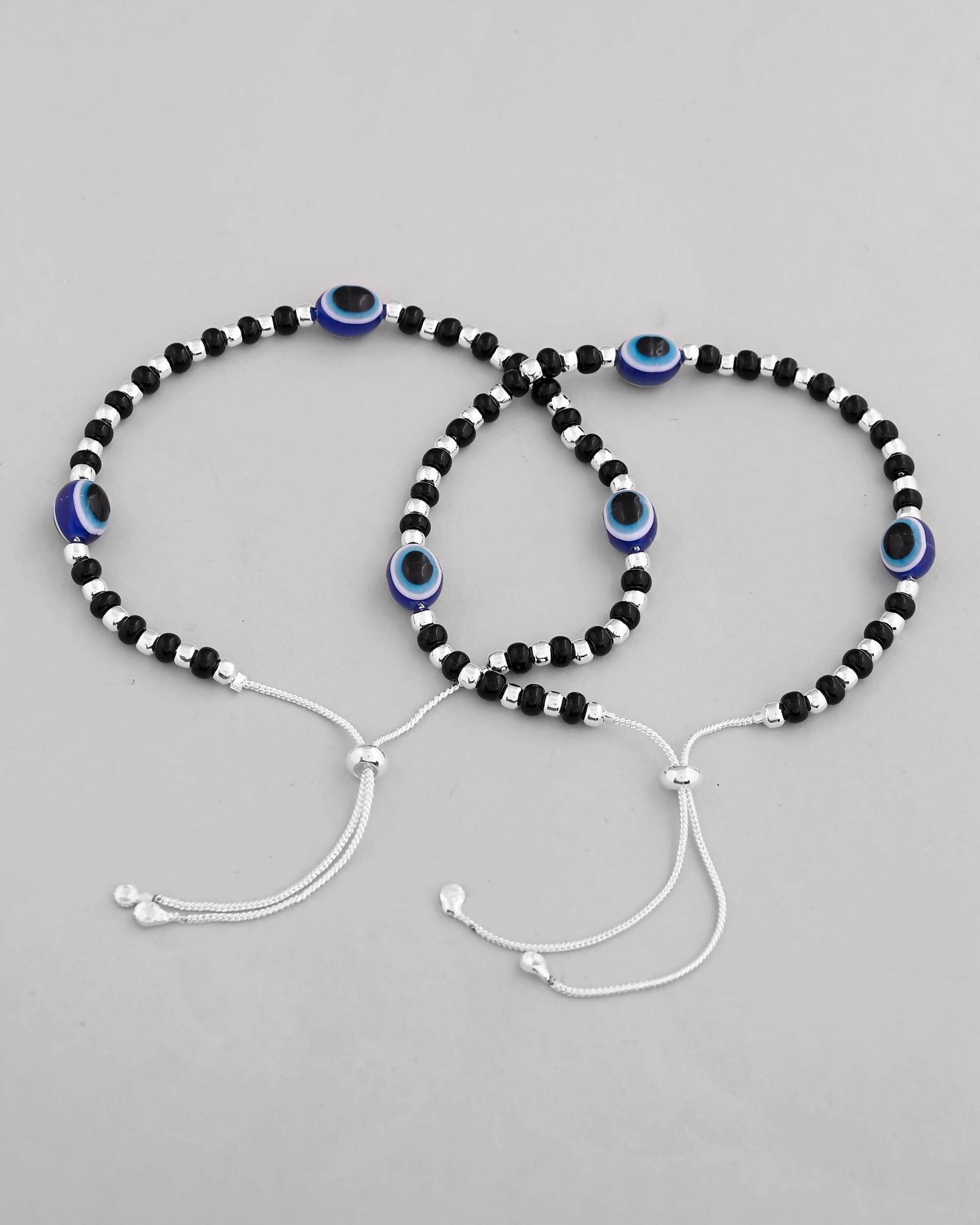 VOJ Set of 2 Silver Plated Evil Eye With Black And Silver Beads Anklet - Swadesiicart