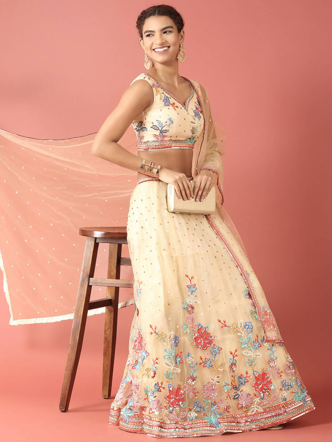 House of Panchhi Cream Net Multi colour Thread & Sequinse Work Lehenga & Blouse, Dupatta | Swadesiicart