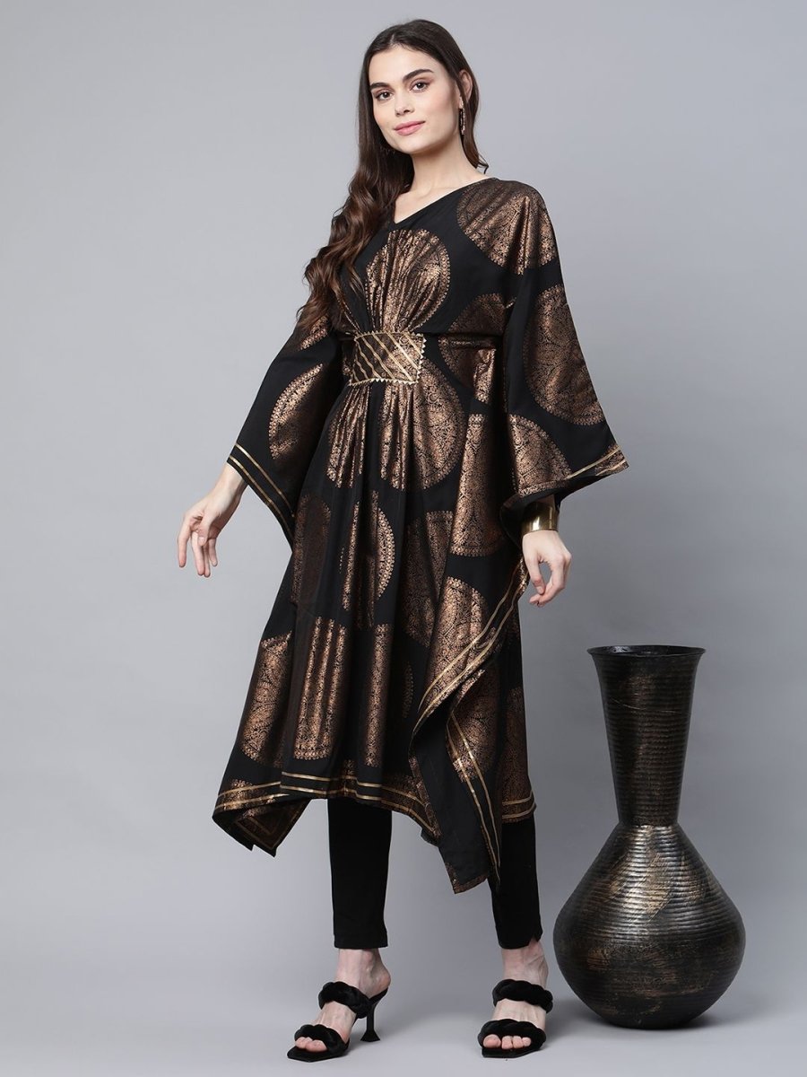 Ahalyaa Women Black Crepe Copper Foil Printed Flared Sleeve Kaftan Kurta | Swadesiicart