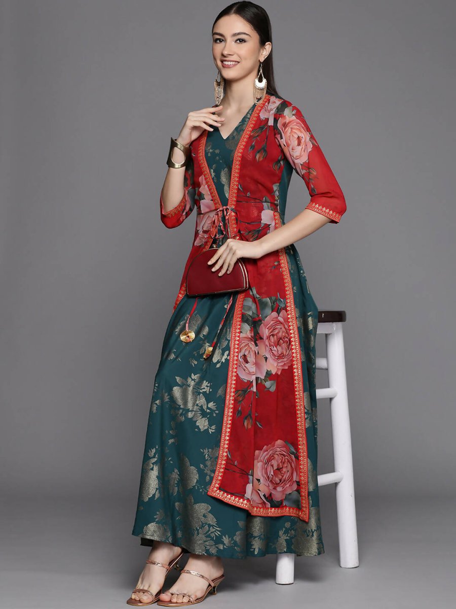 Ahalyaa Women's Green Crepe Gold Smoke Printed Dress | Swadesiicart